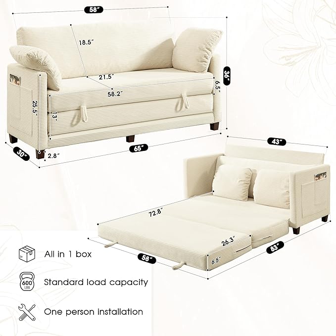 65" Convertible Loveseat Sofa Bed, 2-in-1 Folding Sofa Bed with 2 Pillow for Small Spaces, Modern Sleeper Couch for Apartment, Living Room & Guest Room (Corduroy Beige, 65 inch)