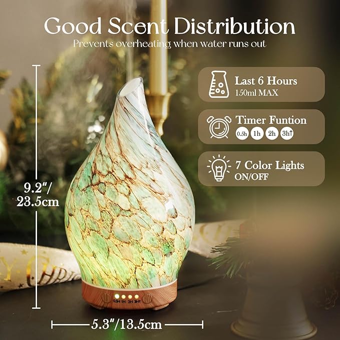 Porseme 150ml Glass Essential Oil Diffuser Aromatherapy Ultrasonic Cool Mist Humidifier 6 Running Hours Waterless Auto-Off Air Diffusers for Sleeping,Yoga,Office Working Spa and Rest (Light Blue)