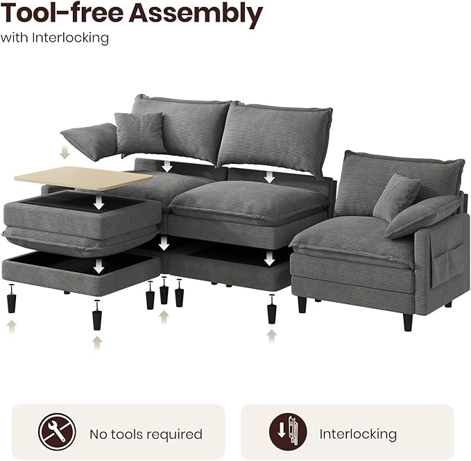 108" L Shaped Modular Sectional Cloud Couch with Ottoman, Snap-on Easy Installation 3 Seater Deep Seat Sofa with Storage Bag and Coffee Table for Living Room, Corduroy, Gray