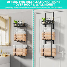 HapiRm Towel Rack Bathroom Storage - 3 Tier Over The Door & Wall Mounted Rolled Towel Racks Holder Organizer with Metal Shelf and 6 Hooks for Small Bathroom, Camper, Rv - Black (for 1.77 in Doors)