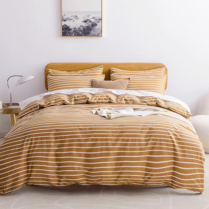 JELLYMONI King Duvet Cover Set, Cotton Duvet Cover 3 Pieces with Zipper Closure, 1 Duvet Cover and 2 Pillowcases(Rust with White Striped)