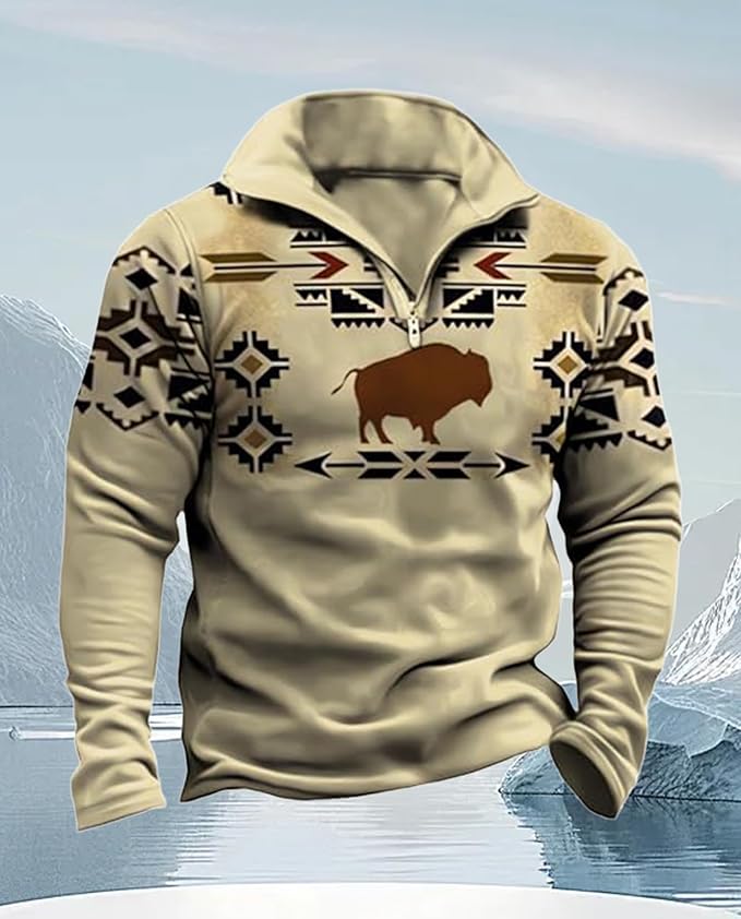 Western Sweatshirts for Men Aztec Cowboy Vintage Graphic Fleece Hoodie Mens Quarter Zip Pullover Country Jacket