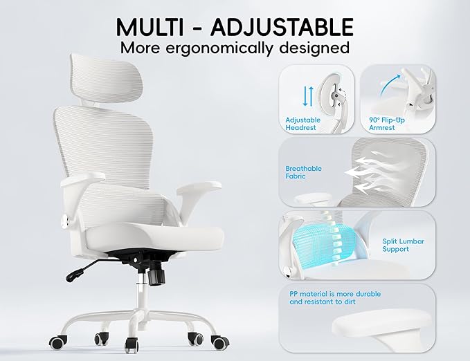 TRALT Office Chair - Ergonomic Office Chair with Back Support, Computer Chair - Home Office Desk Chairs, 330lbs Wide Seat Big and Tall Office Chairs with Headrest, Comfy Desk Chairs (White)