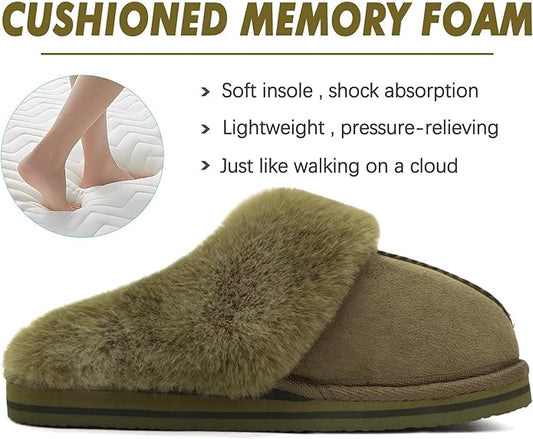 KuaiLu Womens Fluff Dual Memory Foam Slippers Ladies Cozy Arch Support Warm Scuff Slippers Slip on Comfy Winter House Shoes with Non-Slip Indoor Outdoor Hard Sole