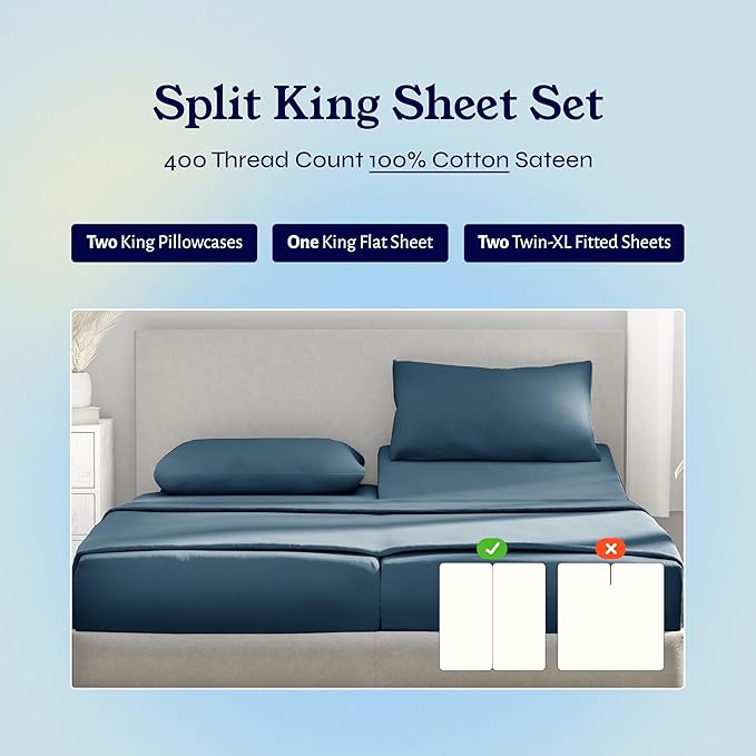California Design Den Split King Sheets Sets for Adjustable Bed - Soft 100% Cotton Sheets, 400 Thread Count Sateen, Deep Pockets, Durable Bedding - Peacock Blue CaliforniaDesignDen