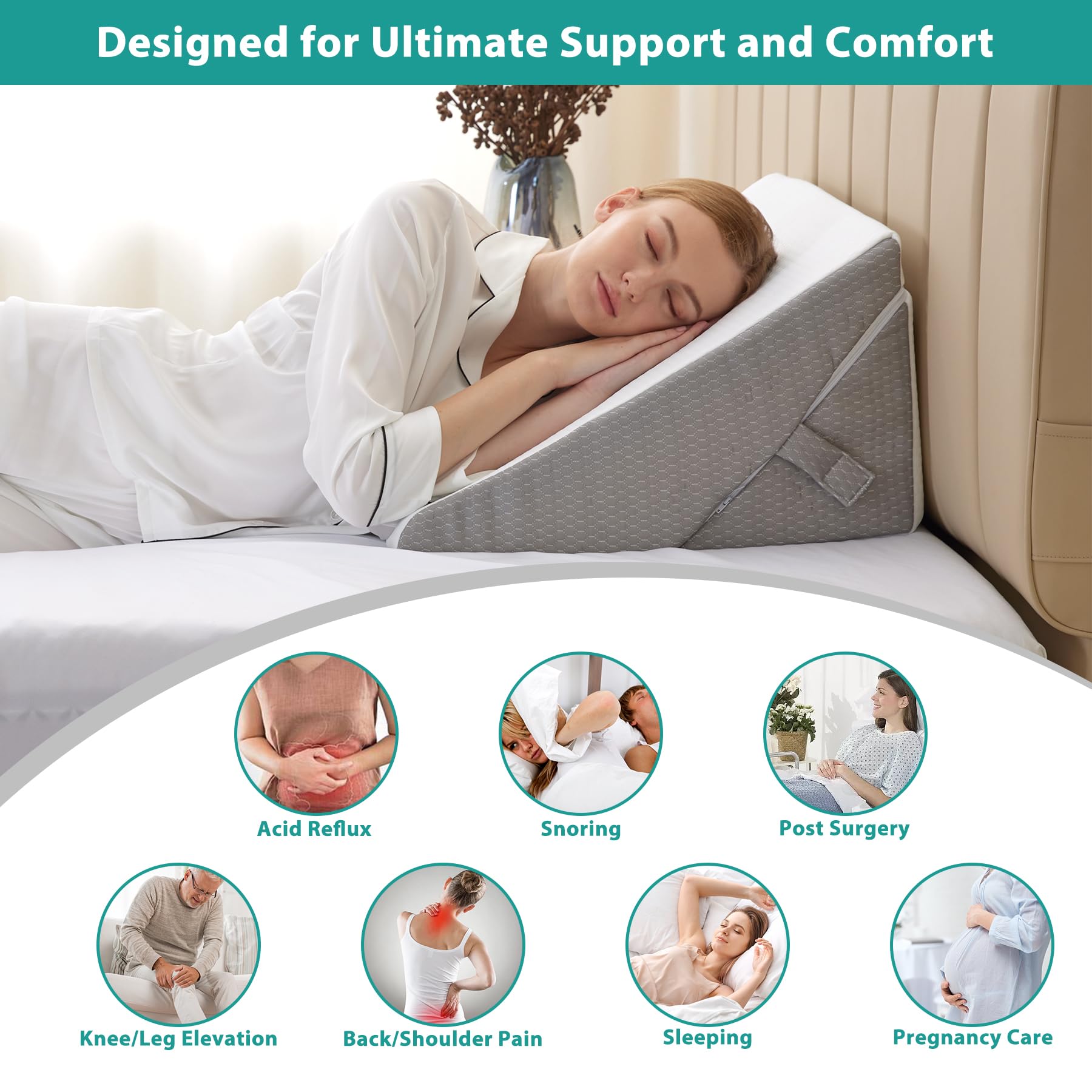 Bedluxe Wedge Pillow Headboard, 3PCS Orthopedic Bed Wedge Pillows Set for After Surgery, Adjustable Pillow Wedge for Acid Reflux&Back Pain Relief, Sleeping, Back Pillow for Bed Sitting Up, White/Grey Dormly