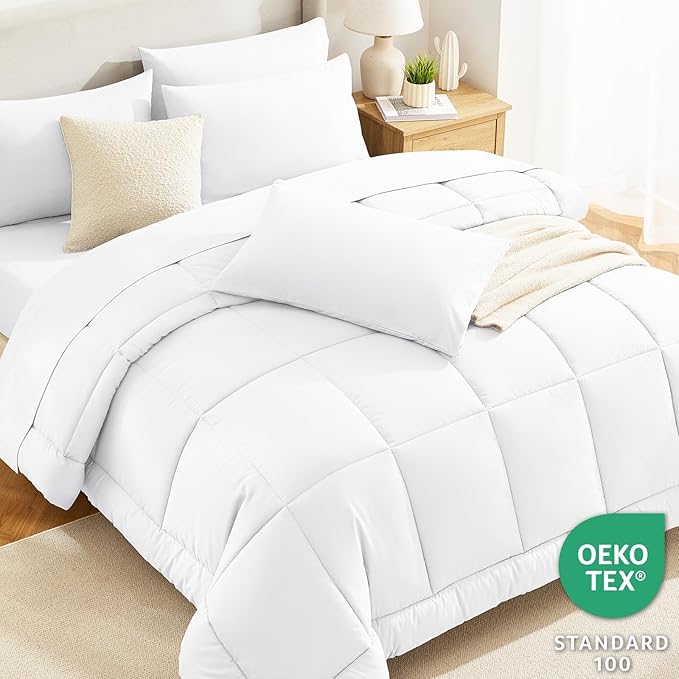 CozyLux Twin Comforter Set with Sheets White, 5 Pieces Bed in a Bag, White Comforter Twin Size, All Season Bedding Set with Stitch Quilted Comforter, Flat Sheet, Fitted Sheet, Pillowcases