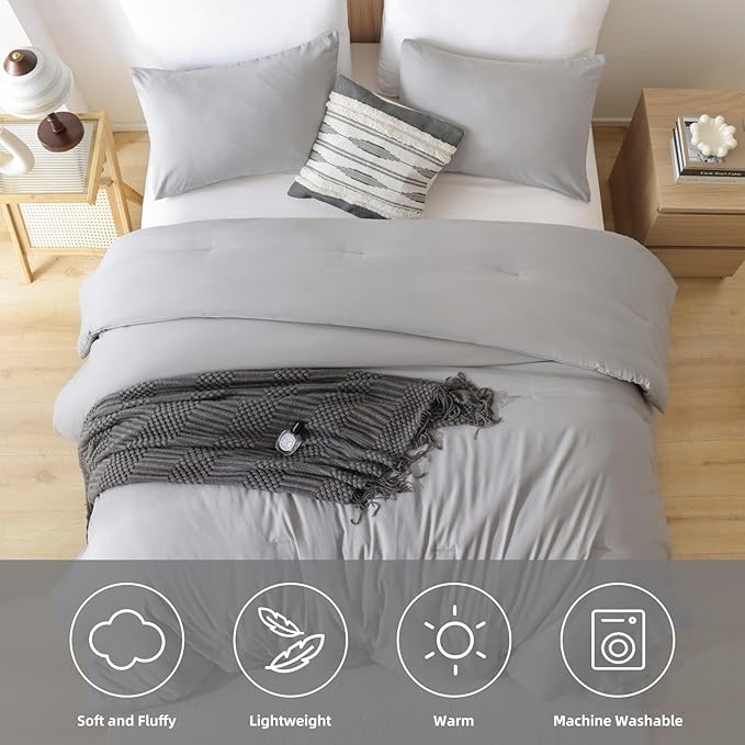 ROSGONIA Oversized King Comforter Grey, 3pcs (1 Boho Comforter & 2 Pillowcases) Lightweight Oversized King Size Comforter Sets Bedding Blanket