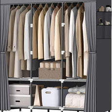 LOKEME Wardrobe Closet,Portable Closet for Bedroom Steel Pipe Diameter 19mm Strong and Sturdy Grey Portable Closets for Hanging Clothes with 3 Hanging rods, 6 Storage Shelves and Side Pockets