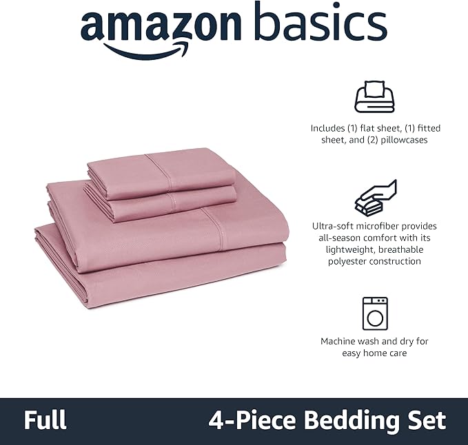 Amazon Basics Lightweight Microfiber 4-Piece Bed Sheet Set, Rose, Solid, Full AmazonBasics