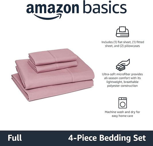 Amazon Basics Lightweight Microfiber 4-Piece Bed Sheet Set, Rose, Solid, Full AmazonBasics