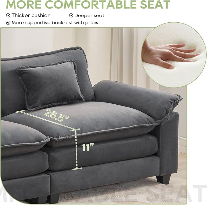 120" Modular Sectional Sofa, Comfy Cloud Couch Sectional Sofa, Velvet Sofa Sleeper Deep Seat Sofa with Throw Pillows for Living Room (Blue Gray, 120"- 3 Seater)