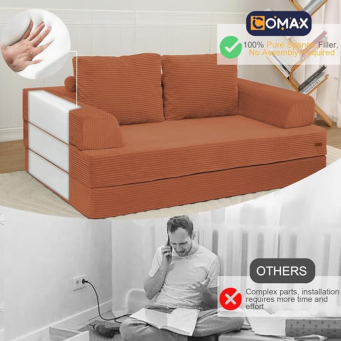 COMAX Convertible Sofa Bed, Folding Floor Couch Corduroy Fold Out Couch Bed Futon Sleeper Mattress with Pillows, Boneless Sofa Comfy Lounge Loveseat for Living Room Bedroom