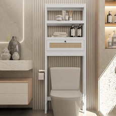Over The Toilet Storage Cabinet, 3-Tier Bathroom Organizer with Rattan Door, Wooden Space Saver for Restroom, Bathroom, Laundry