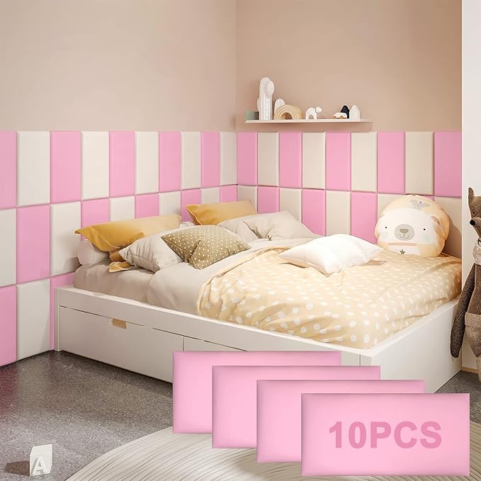 Peel and Stick Headboard Pink Upholstered Wall Panels Pack of 10 Panels 3D Anti-Collision Wall Padding Wall Mounted headboard Soundproof Wall Panels