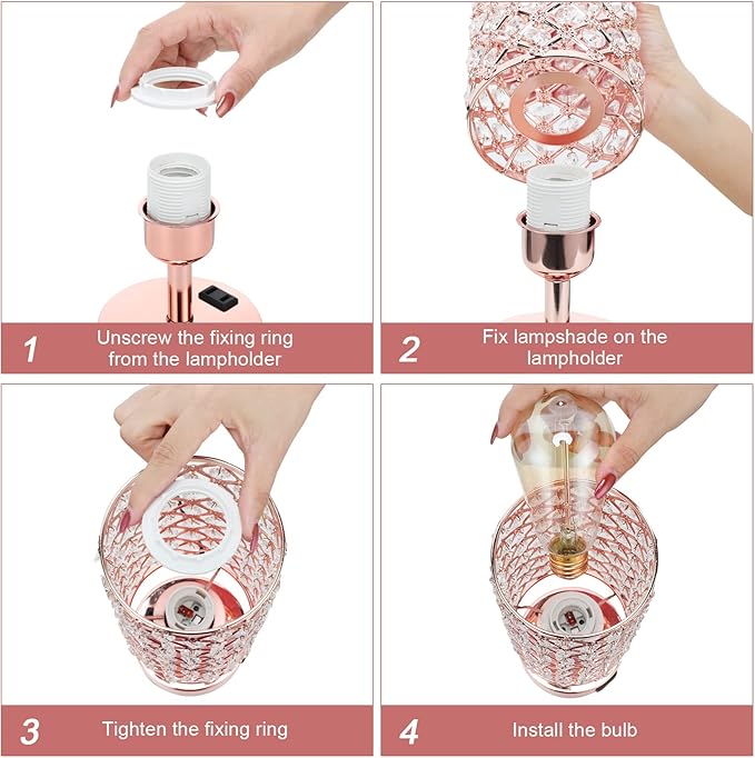 Hong-in Crystal Table Lamp, Rose Gold Bedroom Lamp with USB C+A Ports & AC Outlet, 3 Way Dimmable Light with Crystal Lampshade, Bedside Lamp Touch Light for Living Room, Charge Phone (Bulb Included)
