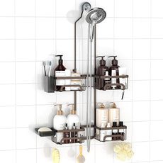 REINHARDT Shower Caddy Hanging for Handheld Showerheads Adjustable Split Shower Caddy, Rustproof Shower Organizer with Hooks for Razor Over the Head Caddy with Soap Holder Bathroom Accessories, Bronze