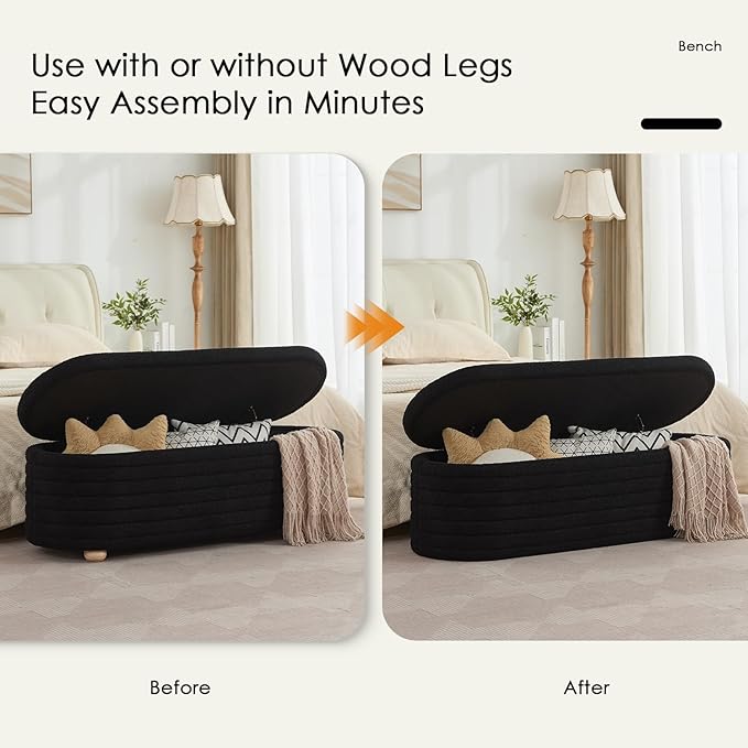 53" Storage Bench Teddy Ottoman Bench Upholstered Fabric Bench End of Bed Stool with Safety Hinge for Bedroom, Living Room, Entryway, Black