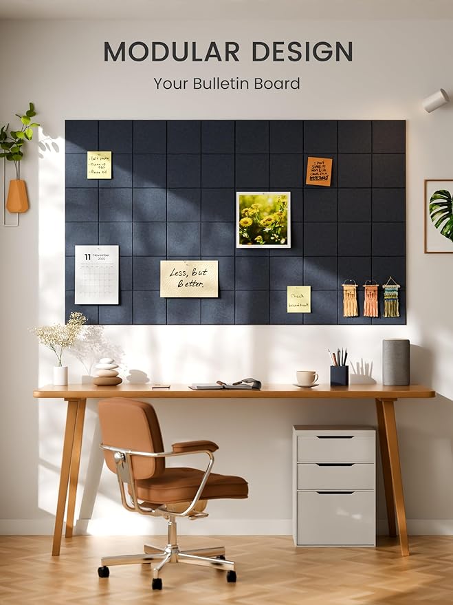 Bumusty Large Cork Board Alternative-47 x35 Felt Bulletin Board Tiles, with 30 Pushpins, 70 Adhesive Tabs, 12-Pack Slat Wall Paneling, Cork Boards for Office Push Pin Felt Board-Deep Charcoal Blue