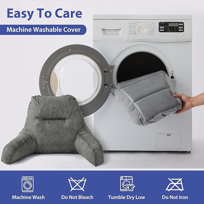 Reading Pillows for Sitting in Bed Adult, Back Pillow for Bed Sitting Up, Backrest Pillows with Shredded Foam for Adult&Teens, Support Pillow with Arms for Beds, Couch, Floor, 24in, Grey