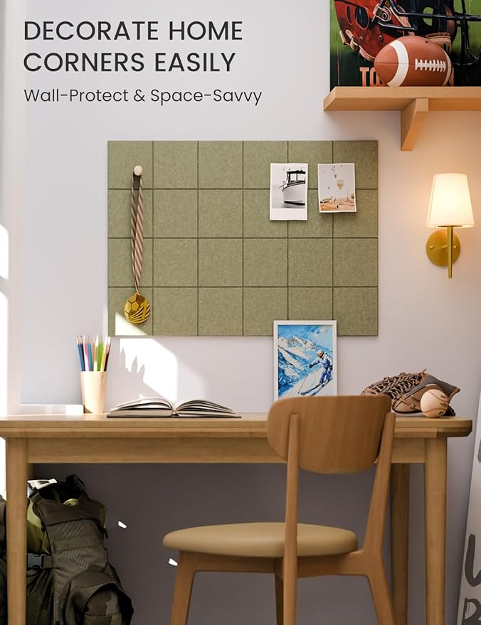 Felt Bulletin Board Tiles -28"x18" Cork Board Alternative for Office Decor, Push Pin Board Wall Organizer 6-Pack-Olive Green