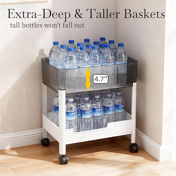 2 Tier Rolling Cart with Wheels for Under Desk Storage, Heavy Duty Plastic Short Small Utility Cart for Small Space Pantry Room Kitchen Laundry Bathroom, 4.7'' Deep Baskets for Tall Bottles