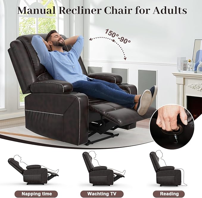 3 Seater Recliner Sofa Set with 2-Tier Cushion, 3+1 Pieces in Living Room, 3 Seater Reclining Couch Leather with Removable Console, 1 Oversize Recliner Chair Sofa Seat