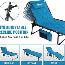 VILLEY Oversized Padded Chaise Lounge with Cushion, Foldable Camping Cot, Patio Reclining Lounge Chairs, Folding Sleeping Bed for Outdoor, Indoor, Backyard, Garden, Camping, Relaxing, Beach Tanning