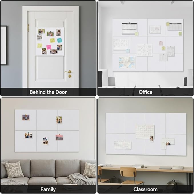 12-Piece White Felt Wall Panels 48×36", Damage-Free Bulletin Board Set with 100 Adhesive Pads & 35 Pushpins, Cork Board Alternative for Home Office Classroom