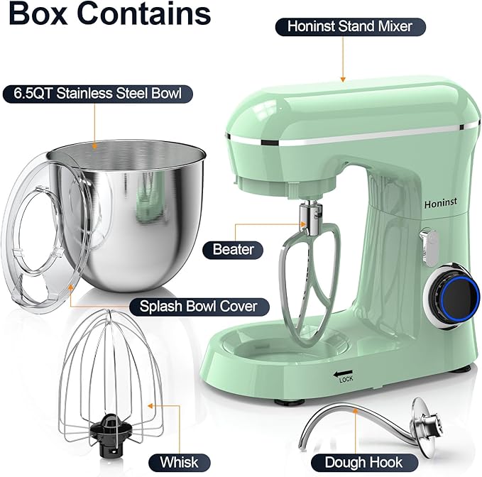 Stand Mixer, 6.5QT 10-Speed Tilt-Head Electric Stand Mixer, 3-In-1 Kitchen Mixer with Bowl, Dough Hook, Whisk and Beater, Food Mixer for Baking, Cake and Most Home Cooks, Light Green