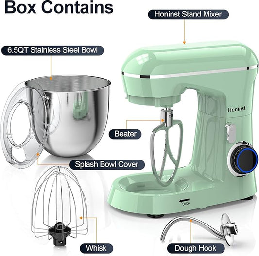 Stand Mixer, 6.5QT 10-Speed Tilt-Head Electric Stand Mixer, 3-In-1 Kitchen Mixer with Bowl, Dough Hook, Whisk and Beater, Food Mixer for Baking, Cake and Most Home Cooks, Light Green