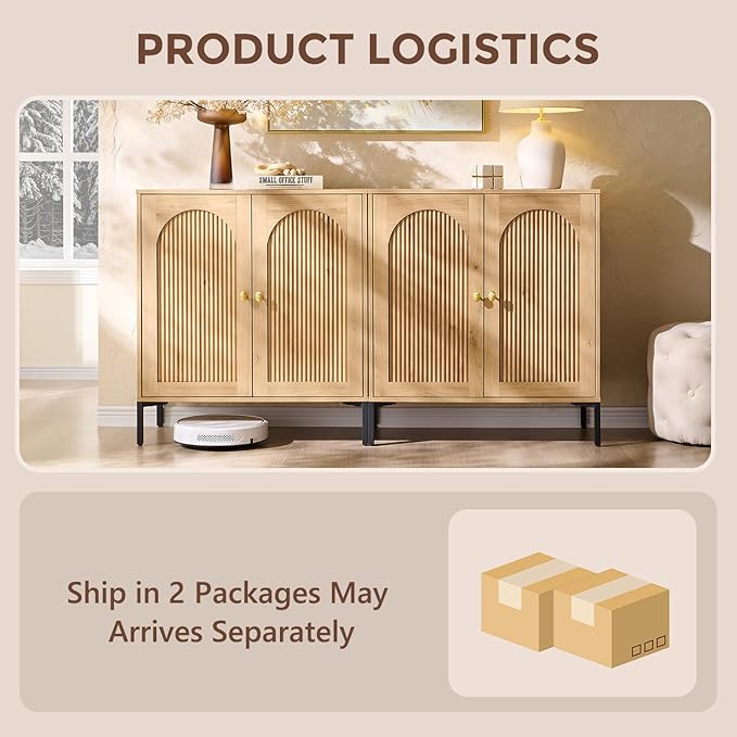 Bathroom Cabinet with Storage, 61.75" W Fluted Arched Free Standing Floor Cabinet w/Adjustable Shelves, Modern Sideboard Cabinet for Bathroom, Kitchen, Living Room, Entryway, Natural