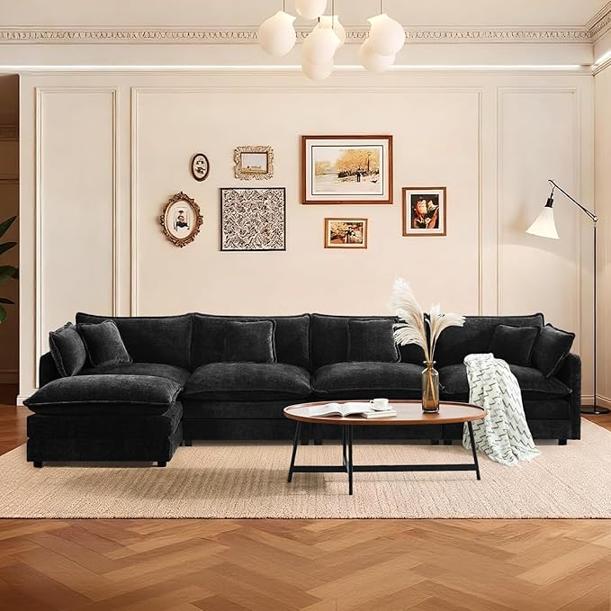 SoarFlash Chenille Sectional Sofa, Comfy L Shaped Modular Coush Sofa with Ottoman, Modern 4 Seat Couch Deep Seat Sofa Set for Living Room,Black