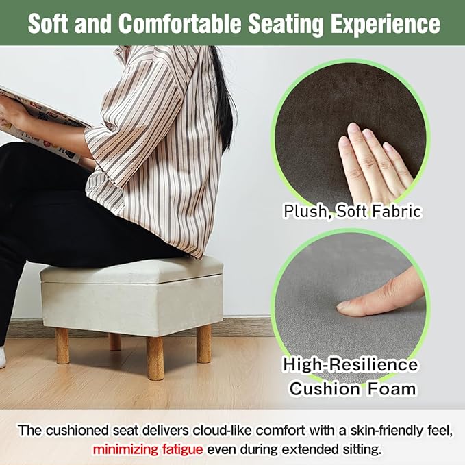 lumizone Small Ottoman with Storage Footstool Compact Foot Rest Stool for Living Room Under-Desk Entryway or Bedroom 10.63" Low-Height Storage Ottoman Cube Lightweight & Stylish (Beige)