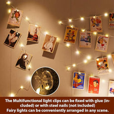 HXWEIYE Warm White Photo Clips String Light, Timer & 8 Modes, 33Ft 100LEDs Battery Powered Fairy Light with 52 Clear Clips & 12 Hooks on Wall for Hanging Picture,Bedroom Party