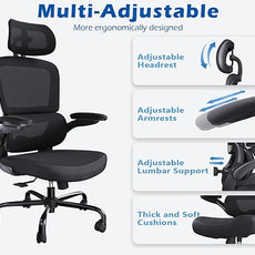 TRALT Ergonomic Office Chair - Desk Chair with Adjustable Headrest Lumbar Support Computer Chair - Mesh Comfy Chair with Flip-up Armrests - Gaming Chairs for Adults Home Office (Leather, Black)