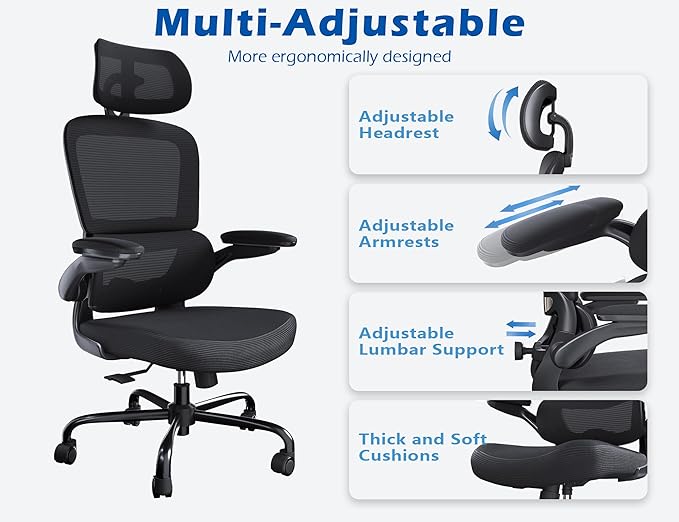 TRALT Ergonomic Office Chair - Desk Chair with Adjustable Headrest Lumbar Support Computer Chair - Mesh Comfy Chair with Flip-up Armrests - Gaming Chairs for Adults Home Office (Leather, Black)
