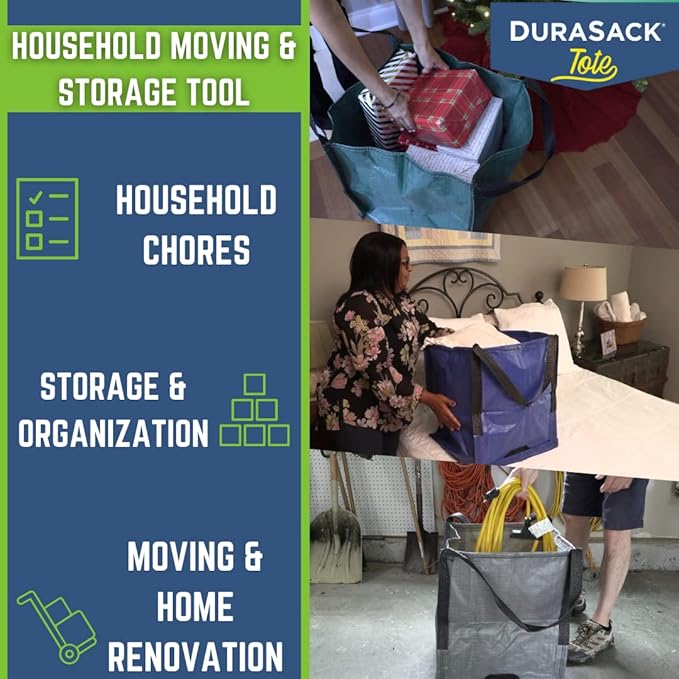 DURASACK Heavy Duty Storage Tote Bag 22-Gallon Rugged Woven Polypropylene Moving Bag, Reusable Self-Standing Design, Holds up to 500 Pounds, Pack of 4, Multicolored