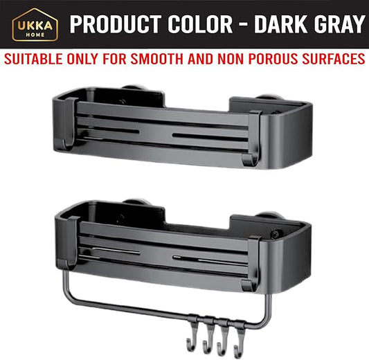 Suction Cup SQUARE Shower Caddy with Hooks and Towel Bar for Bathroom. Aluminum, Reusable, Rustproof, No Drill, No Tools, No Glue. Multifunctional, Hang Towel, Loofah, Sponge (2 Pack, Gray)