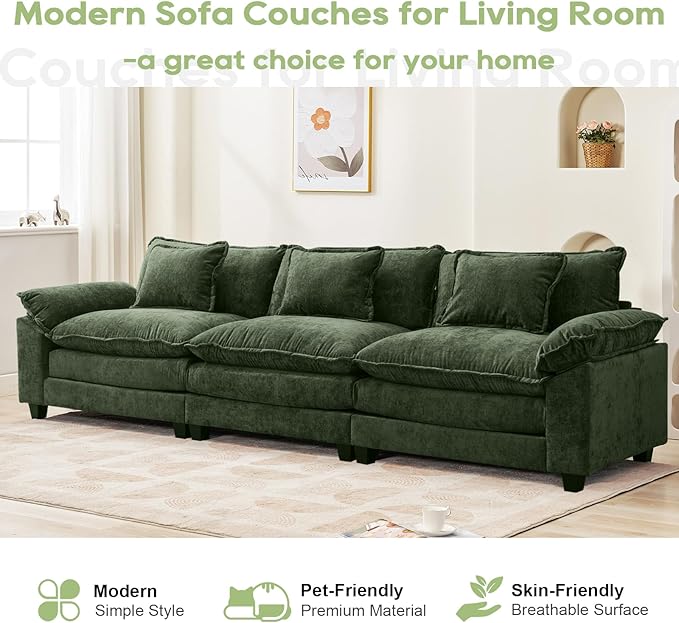 120" Modular Sectional Sofa, Comfy Cloud Couch Sectional, Chenille Sofa Sleeper Deep Seat Sofa with Throw Pillows for Living Room (Green, 120"- 3 Seater)