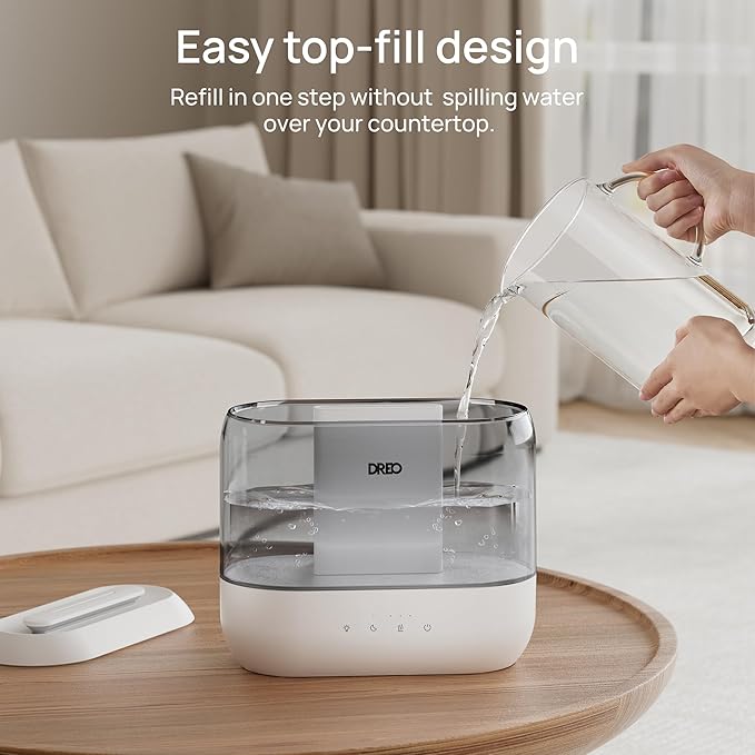 Dreo Humidifiers for Bedroom, 4L Top Fill for Large Room, 36H Runtime, 28 dB Quiet Supersized Cool Mist Air Humidifier for Baby Nursery, Plants, Indoor, Night Light, Easy to Clean & Fill, Gray