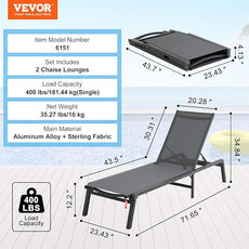 VEVOR 2 Pcs Chaise Lounge Chairs Outdoor, Aluminum Patio Lounge Chair with Adjustable 5-Position, Folding Pool Chairs Recliner and Full Flat Tanning Chair for Patio, Beach, Pool, Grey, 2 pcs