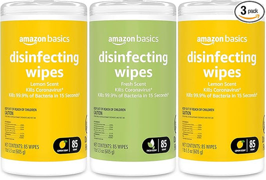 Amazon Basics Disinfecting Wipes, Lemon & Fresh Scent, Sanitizes/Cleans/Disinfects/Deodorizes, 255 Count (3 Packs of 85)