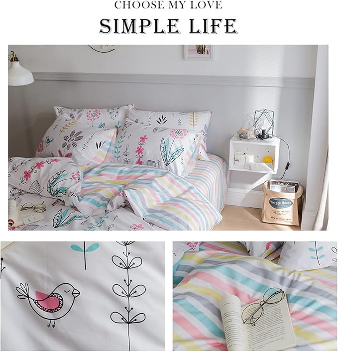 HighBuy Floral Printed Bedding Sets Full Duvet Cover Girls Cotton Comforter Cover Full Size Garden Aesthetic Reversible Striped Bedding Sets 3 Piece Bed Boho Comforter Cover Duvet Cover Set