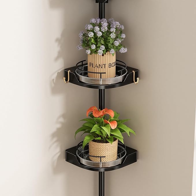 Corner Shower Caddy Tension Pole, 3 Tiers Rotating Shower Organizer for Bathroom Shelf Bathtub, Adjustable Standing Shower Rack Bathroom Accessories, Easily Assemble, 34-124 Inch Height，Black