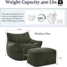 Oversized Bean Bag Chaise Lounge Chair Indoor for Adults with Armrests & Ottoman - Giant Comfy Green Beanbag Lazy Floor Sofa Cloud Accent Chair for Reading, Gaming, Cozy Plush Cloud Mini Couch