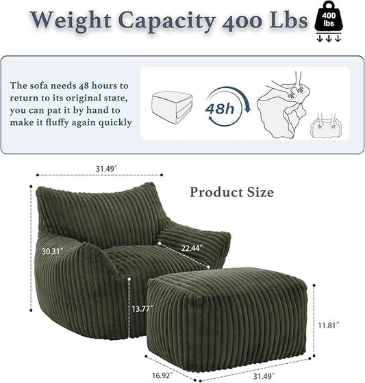Oversized Bean Bag Chaise Lounge Chair Indoor for Adults with Armrests & Ottoman - Giant Comfy Green Beanbag Lazy Floor Sofa Cloud Accent Chair for Reading, Gaming, Cozy Plush Cloud Mini Couch