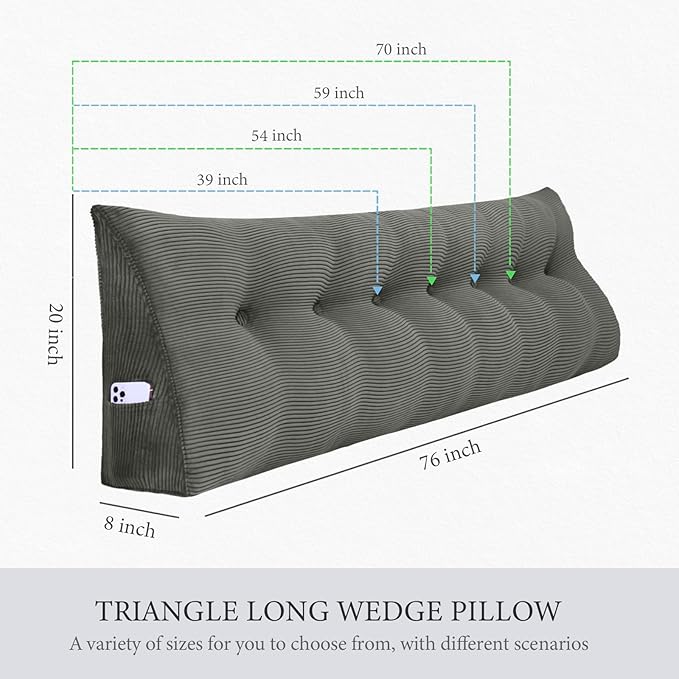 11 lbs Thickened Queen Wedge Pillow Headboard Body Positioner Triangular Reading Pillow Bed Bolster Pillow for Sitting in Bedwith Removable Cover Gift for Dad Backrest Cordury Gray