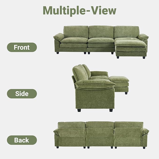 VINGLI 122" Cloud Double-Layer Deep Convertible Sectional Sofa, Comfy L-Shape 3-Seat Couches for Living Room, Modern Couch with Movable Ottoman for Small Space, Olive Green, Chenille