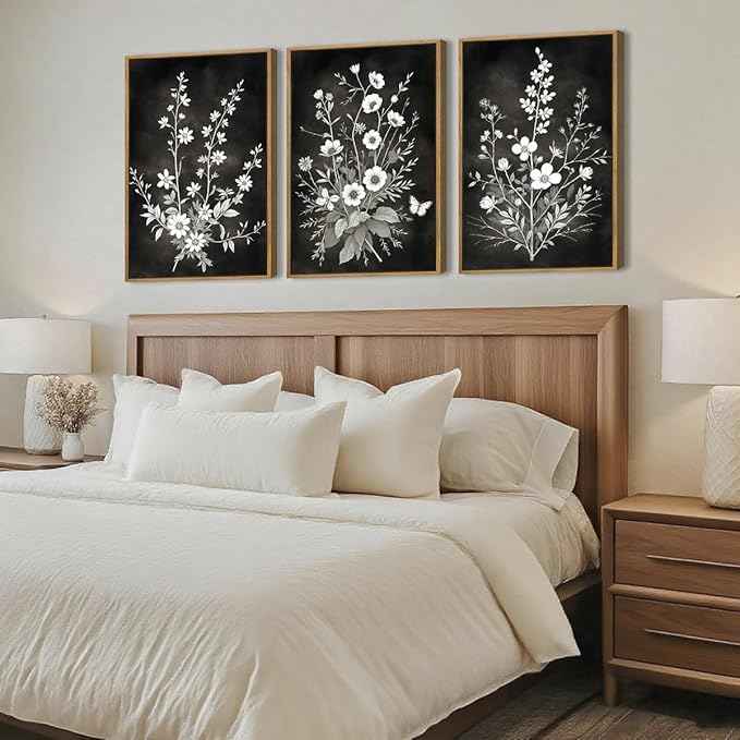BINCUE Framed Black and White Floral Wall Art Set of 3 Botanical Wall Decor Flower Painting for Living Room Bedroom Office 16x24 Inches
